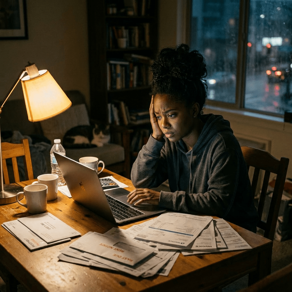 Woman working on laptop surrounded by unpaid bills and rent notices